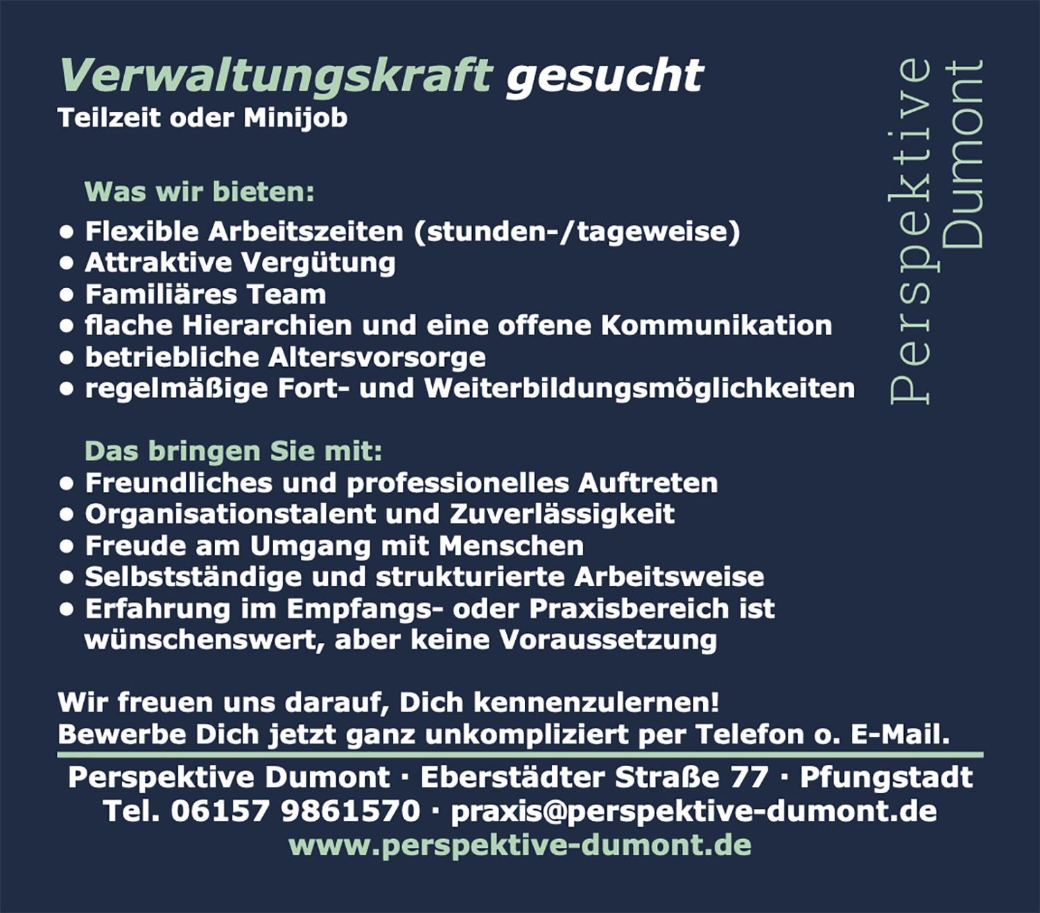 Stellenausschreibung Perspektive Dumont Verwaltungskraft